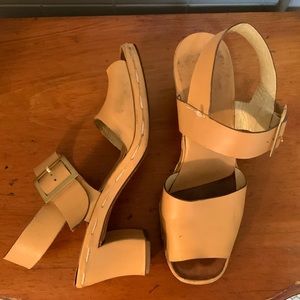 Vintage Charles Jourdan leather platforms with gold buckles & cord stitching